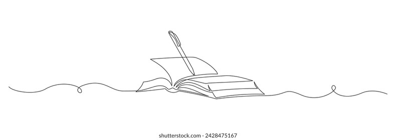 One continuous line drawing of Opened book with pen. Education in school and library studying in simple linear style.Writing draft business in Editable stroke. Doodle outline vector illustration