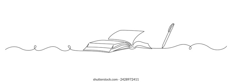 One continuous line drawing of Opened book with pen. Education in school and library studying in simple linear style. Writing draft business in Editable stroke. Doodle contour vector illustration