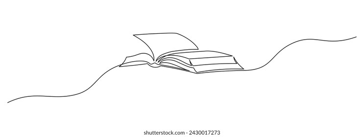 One continuous line drawing of Opened book with pages. Education in school and library studying in simple linear style. Writing draft business in Editable stroke. Doodle contour vector illustration