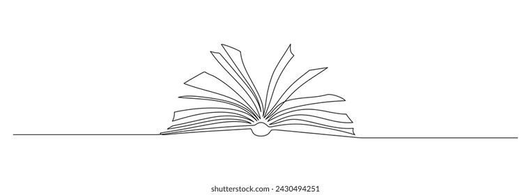 One continuous line drawing of Opened book with pages. Education in school and library studying in simple linear style. Writing draft business in Editable stroke. Doodle vector illustration