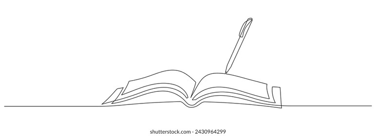 One continuous line drawing of Opened book with pen. Education in school and library studying in simple linear style. Writing diary in Editable stroke. Doodle outline vector illustration