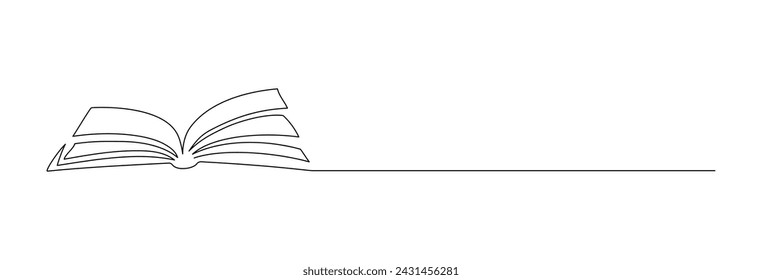 One continuous line drawing of Opened book. Education in school and library studying in simple linear style. Writing draft business in Editable stroke. Doodle contour vector illustration