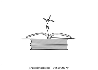 one continuous line drawing Opened book with  plant on.  knowledge library concept in simple linear style. Doodle vector illustration