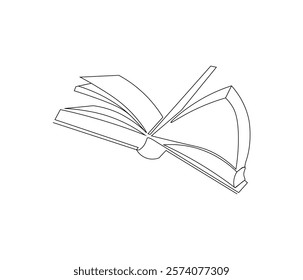 One continuous line drawing of opened book with flying page. Studying book or knowledge book in simple line. Concept vector art for university or college. Editable stroke. Doodle line illustration
