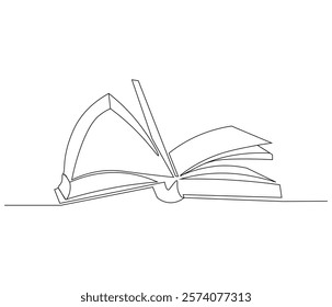 One continuous line drawing of opened book with flying page. Studying book or knowledge book in simple line. Concept vector art for university or college. Editable stroke. Doodle line illustration