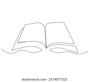 One continuous line drawing of opened book with flying page. Studying book or knowledge book in simple line. Concept vector art for university or college. Editable stroke. Doodle line illustration