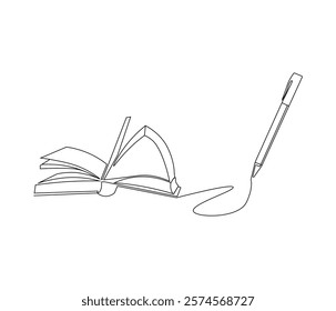 One continuous line drawing of opened book with pen. Studying book and pen for education in simple line. Concept vector art for university or college. Editable stroke. Doodle line illustration