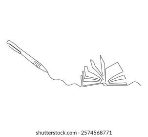 One continuous line drawing of opened book with pen. Studying book and pen for education in simple line. Concept vector art for university or college. Editable stroke. Doodle line illustration