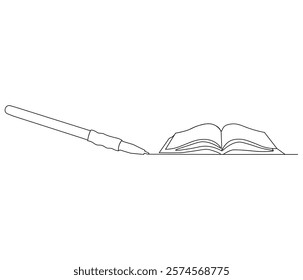 One continuous line drawing of opened book with pen. Studying book and pen for education in simple line. Concept vector art for university or college. Editable stroke. Doodle line illustration