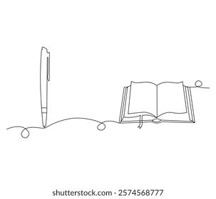 One continuous line drawing of opened book with pen. Studying book and pen for education in simple line. Concept vector art for university or college. Editable stroke. Doodle line illustration