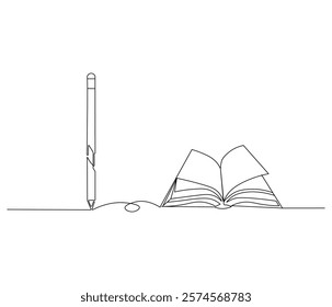 One continuous line drawing of opened book with pen. Studying book and pen for education in simple line. Concept vector art for university or college. Editable stroke. Doodle line illustration