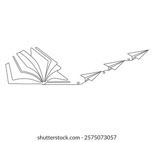 One continuous line drawing of opened book with flying paper plane. Symbol of dream in simple line. Editable stroke. Doodle line illustration