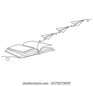 One continuous line drawing of opened book with flying paper plane. Symbol of dream in simple line. Editable stroke. Doodle line illustration