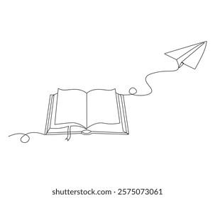 One continuous line drawing of opened book with flying paper plane. Symbol of dream in simple line. Editable stroke. Doodle line illustration