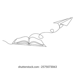 One continuous line drawing of opened book with flying paper plane. Symbol of dream in simple line. Editable stroke. Doodle line illustration