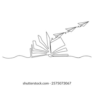 One continuous line drawing of opened book with flying paper plane. Symbol of dream in simple line. Editable stroke. Doodle line illustration
