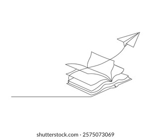 One continuous line drawing of opened book with flying paper plane. Symbol of dream in simple line. Editable stroke. Doodle line illustration