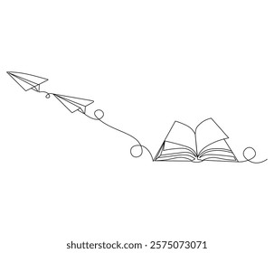 One continuous line drawing of opened book with flying paper plane. Symbol of dream in simple line. Editable stroke. Doodle line illustration