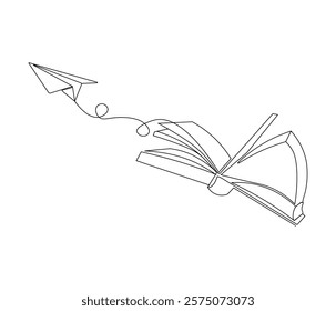 One continuous line drawing of opened book with flying paper plane. Symbol of dream in simple line. Editable stroke. Doodle line illustration