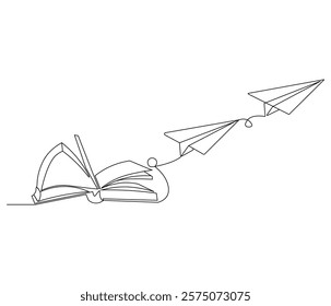 One continuous line drawing of opened book with flying paper plane. Symbol of dream in simple line. Editable stroke. Doodle line illustration