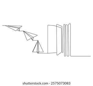 One continuous line drawing of opened book with flying paper plane. Symbol of dream in simple line. Editable stroke. Doodle line illustration