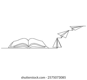 One continuous line drawing of opened book with flying paper plane. Symbol of dream in simple line. Editable stroke. Doodle line illustration