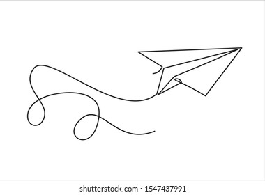 One continuous line drawing of origami paper plane flying. Flat design. White background. Single line draw design vector illustration