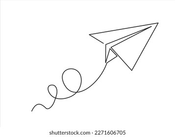 One continuous line drawing of origami paper plane flying. Flat design. White background. Single line draw design vector illustration