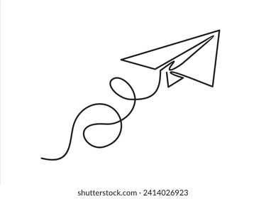 One continuous line drawing of origami paper plane flying. Flat design. White background. Single line draw design vector illustration