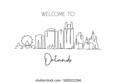 One continuous line drawing of Orlando city skyline, Florida. Beautiful landmark. World landscape tourism travel home wall decor poster print. Stylish single line draw design vector illustration