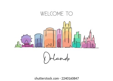 One continuous line drawing of Orlando city skyline, Florida. Beautiful landmark. World landscape tourism travel home wall decor poster print. Stylish single line draw design vector illustration