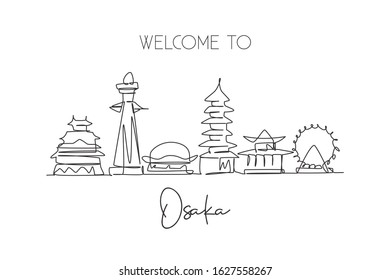 One continuous line drawing of Osaka city skyline, Japan. Beautiful landmark. World landscape tourism and travel vacation poster. Editable stylish stroke single line draw design vector illustration