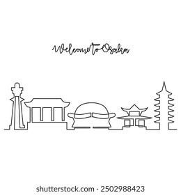 Un dibujo de línea continua de la Ilustración vectorial del horizonte de Osaka. Ciudad moderna en Japón en concepto de diseño de Vector de estilo lineal simple. Gran ciudad en Japón. Edificio emblemático del horizonte arquitectónico