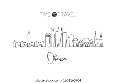 One continuous line drawing Ottawa city skyline, Canada. Beautiful landmark postcard. World landscape tourism and travel vacation. Editable stylish stroke single line draw design vector illustration