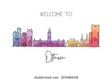 One continuous line drawing Ottawa city skyline, Canada. Beautiful landmark postcard. World landscape tourism and travel vacation. Editable stylish stroke single line draw design vector illustration
