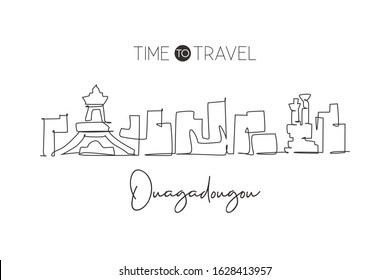 One continuous line drawing of Ouagadougou city skyline, Burkina Faso. Beautiful city landmark postcard. World landscape tourism and travel. Editable stroke single line draw design vector illustration