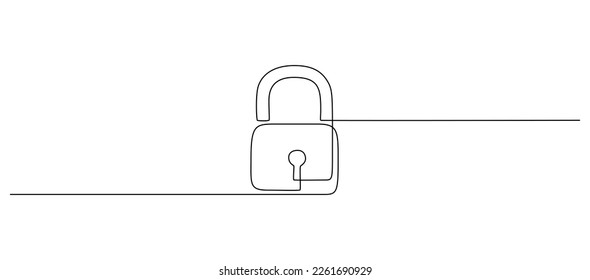 One continuous line drawing of padlock. Outline symbol password lock and security privacy safety concept in simple linear style. Secret icon in editable stroke. Contour vector illustration