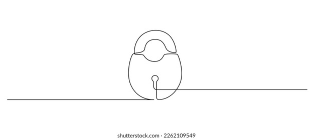 One continuous line drawing of padlock with keyhole. Outline symbol password lock and security privacy safety concept in simple linear style. Editable stroke. Doodle vector illustration