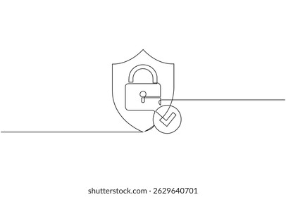 One continuous line drawing of padlock with check mark, Security privacy safety concept in simple linear style. Secret icon in editable stroke. 