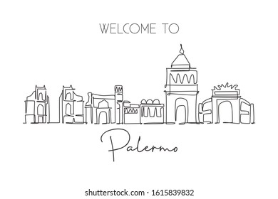 One continuous line drawing Palermo city skyline, Italy. Beautiful skyscraper. World landscape tourism travel vacation wall decor poster concept. Stylish single line draw design vector illustration