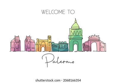 One continuous line drawing Palermo city skyline, Italy. Beautiful skyscraper. World landscape tourism travel vacation wall decor poster concept. Stylish single line draw design vector illustration