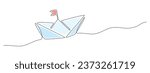 One continuous line drawing of paper boat. Origami ship concept success leadership of business in simple linear style. Editable stroke design for representation startup. Doodle Vector illustration