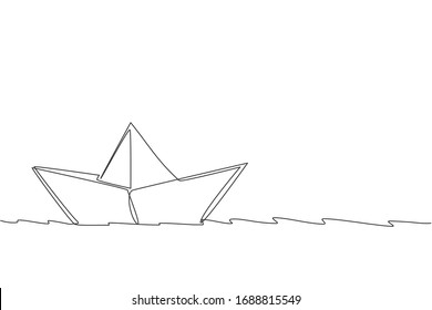 One Continuous Line Drawing Of Paper Boat Sailing On The Water River. Origami Craft Concept. Dynamic Single Line Draw Design Vector Graphic Illustration