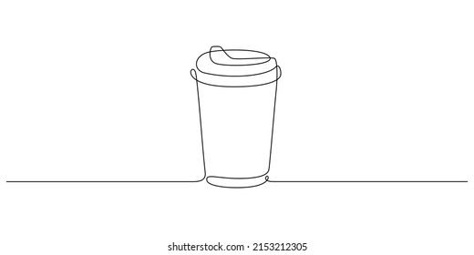 One continuous line drawing of paper cup of hot coffee. Minimalist concept of morning breakfast and drink to go in simple linear style. Editable stroke. Doodle Vector illustration