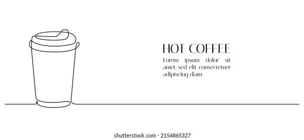 One continuous line drawing of paper cup of hot coffee. Minimalist icon concept of energy morning and drink to go in simple linear style. Editable stroke. Doodle Vector illustration