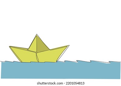 One continuous line drawing of paper boat sailing on the water river. Origami craft concept. Dynamic single line draw design vector graphic illustration