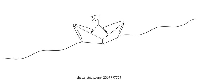 One continuous line drawing of paper boat. Origami ship concept success leadership of business in simple linear style. Editable stroke design for representation startup. Doodle Vector illustration