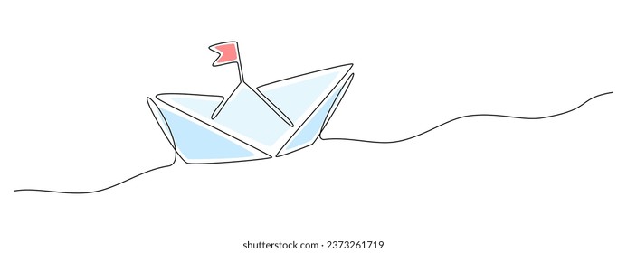 One continuous line drawing of paper boat. Origami ship concept success leadership of business in simple linear style. Editable stroke design for representation startup. Doodle Vector illustration