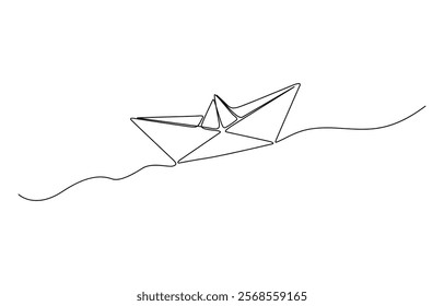 One continuous line drawing of paper boat. Origami ship concept for success leadership of business in simple linear style. Paper boat in the sea one line art drawing.