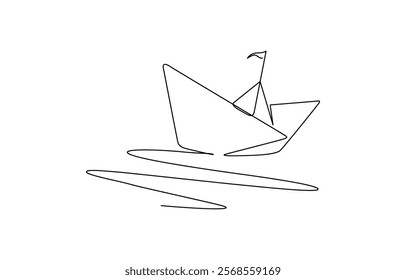 One continuous line drawing of paper boat. Origami ship concept for success leadership of business in simple linear style. Paper boat in the sea one line art drawing.